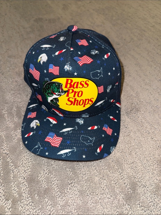Bass Pro Shops Other - Bass Pro Shops Navy Flag & Lure Pattern Trucker Hat